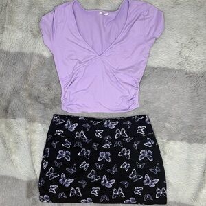 Y2K Ardene Bundle – Lilac Crop Top + Neon Purple Butterfly Mini Skirt – Medium